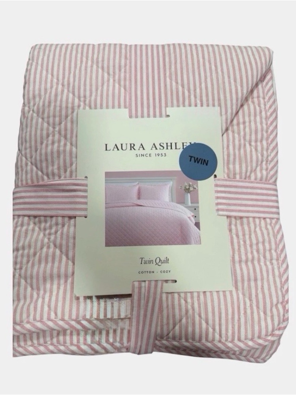 Laura Ashley Pink and White Oxford Striped Twin Quilt Set ~ Coquette